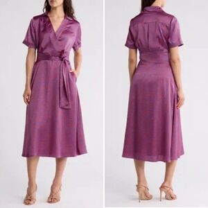 Tahari ASL 16W Purple Red Geo Print Midi Dress Wrap Tie Short‎ Sleeve Career